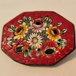 Micro Mosaic Made in Italy Red Octagon Bright Floral Brooch Pin Vintage 1.75x1.5